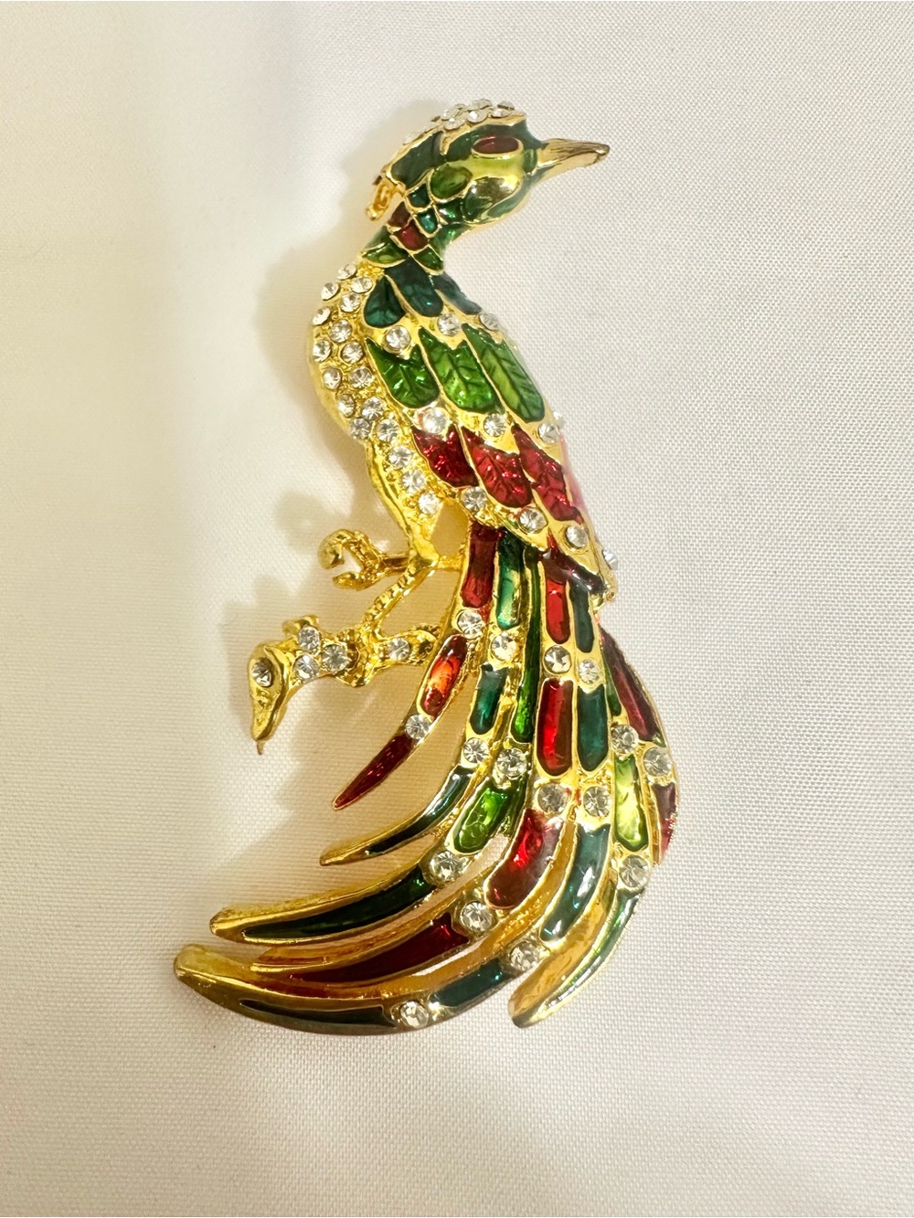 Vintage Gold-Plated Multicolored Enamel Peacock Brooch - Green & Red Accent